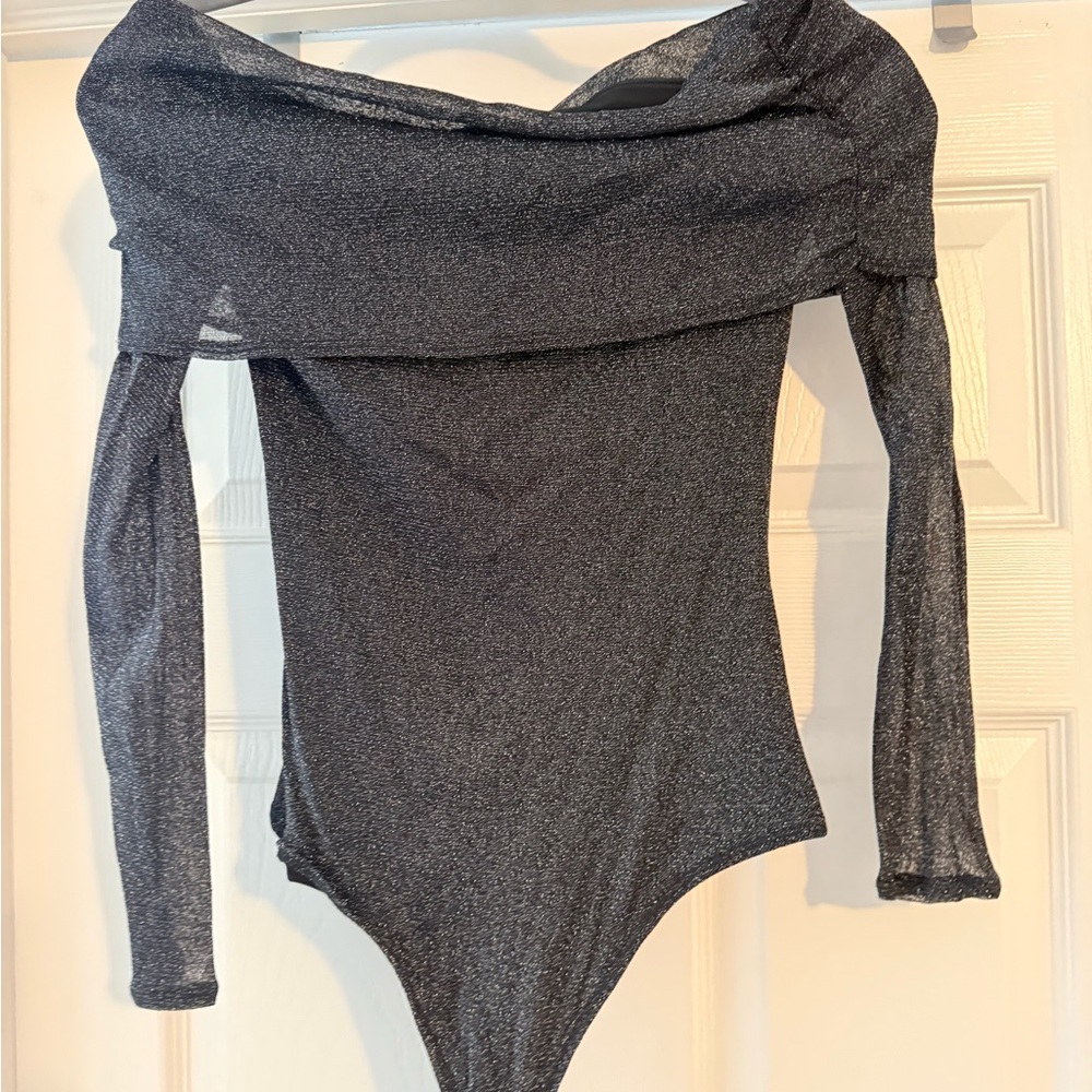 Abercrombie & Fitch Metallic Black Off-Shoulder Bodysuit